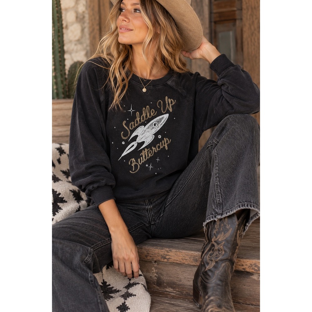 Wildfox Saddle Up Buttercup Rocket Graphic Sweatshirt Black XS C0542147